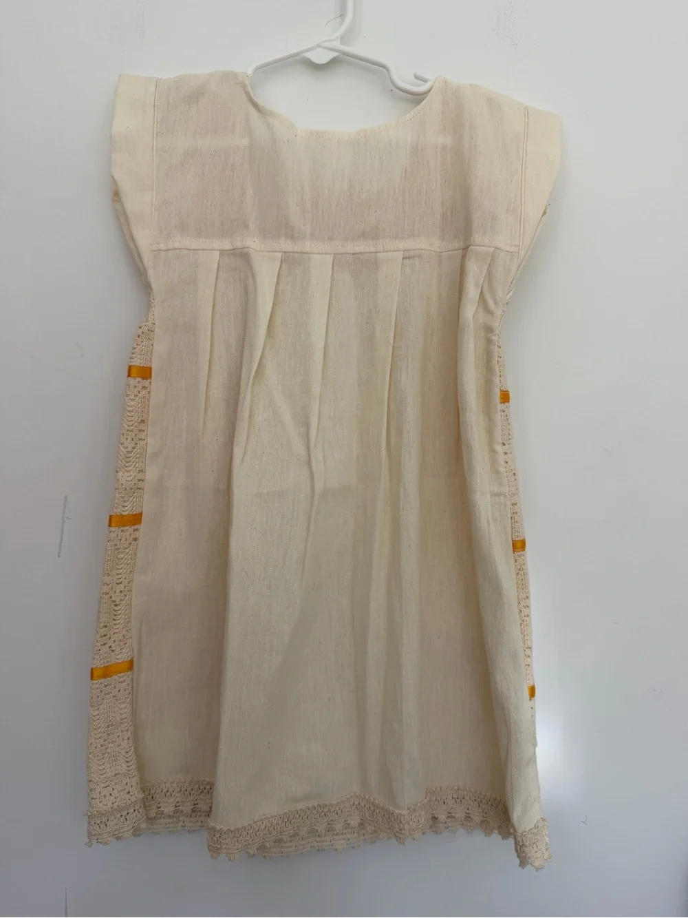 Handmade Mexican Cream and Yellow Embroidered Crochet Kids Dress w Ribbons 3T-4T